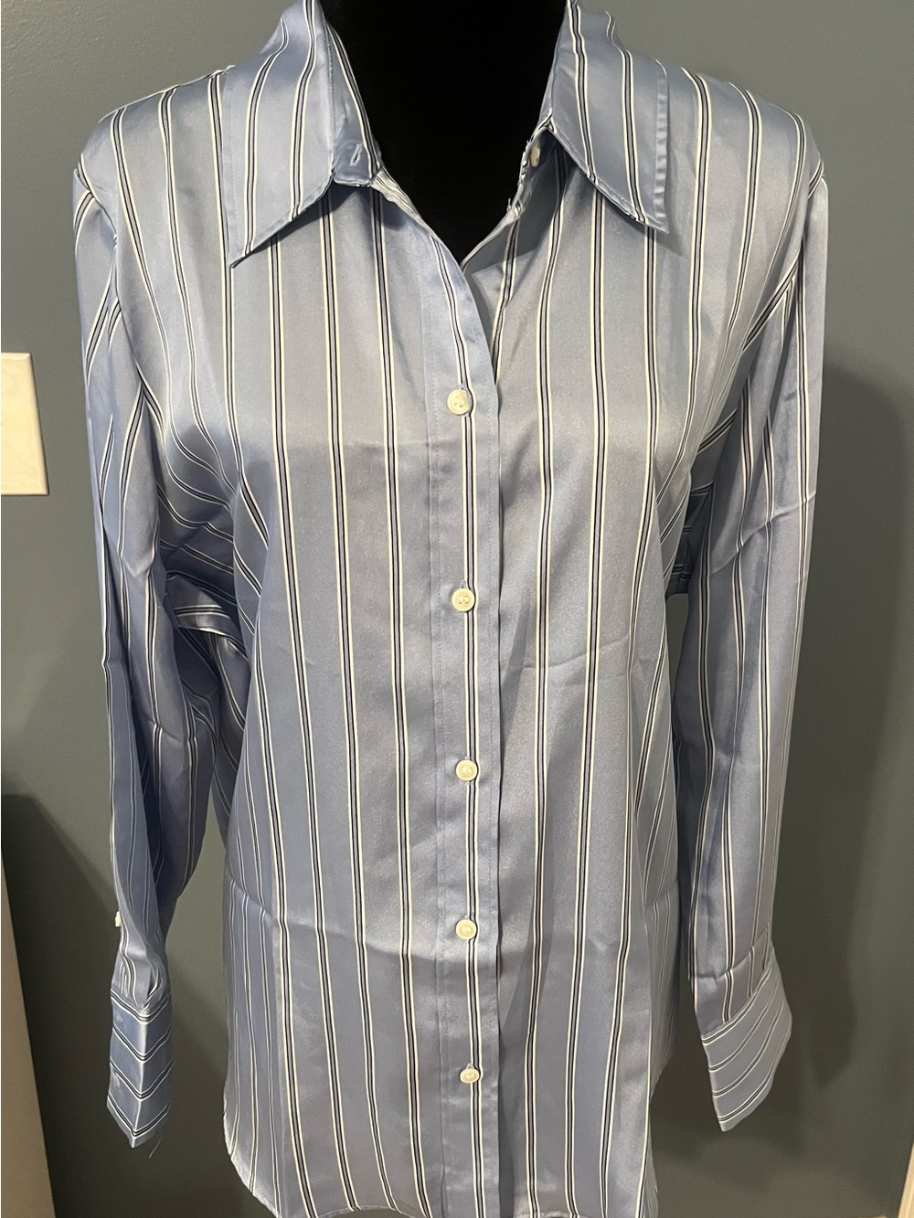 H&M Classic Women’s Soft Blue and White Striped Satin Shirt NWT sz XL
